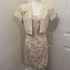 VTG 90's PJ Klein Cream Leaf Patterned 2 Piece Dress and Crop Jacket Size 10